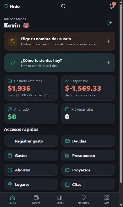 El inicio de Nido: gastado del mes, disponible y accesos rápidos
